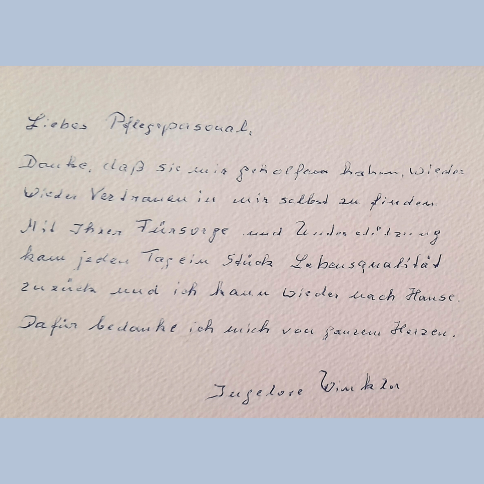 Dankeskarte einer Patientin mit handgeschriebenem Text