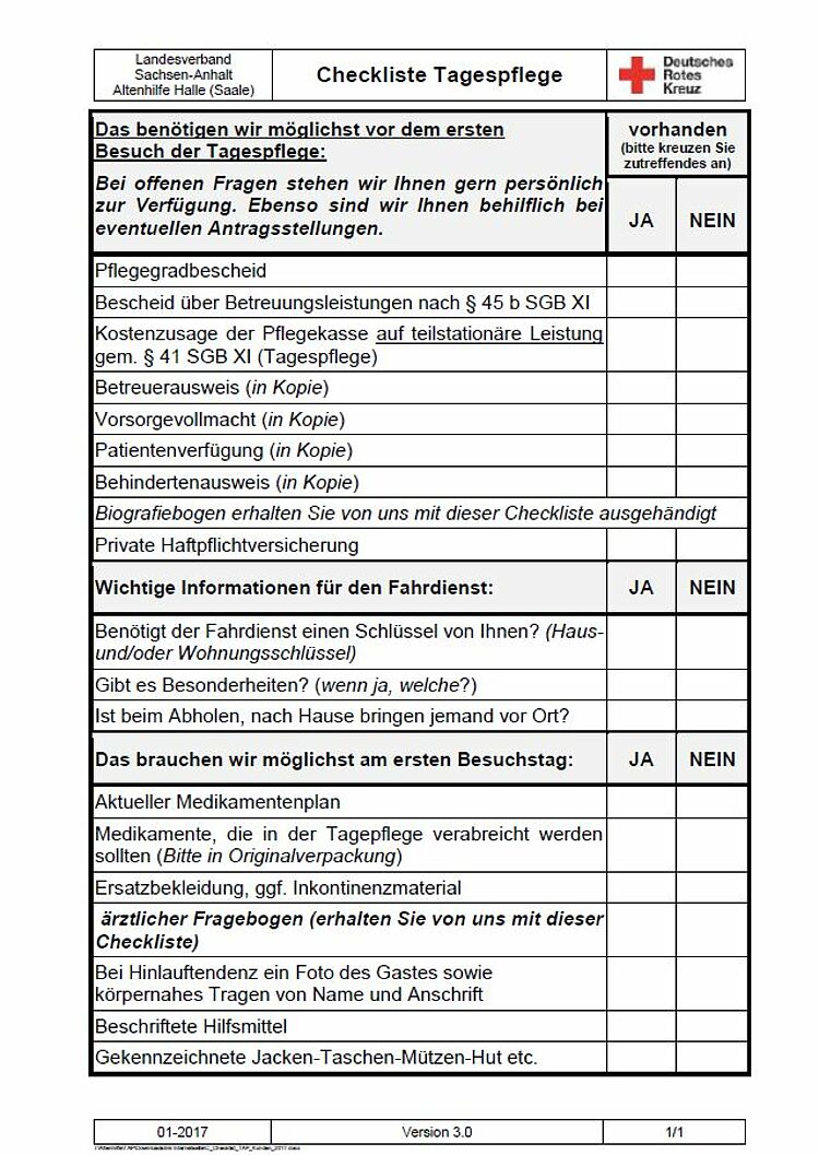 Checkliste zur Tagespflege